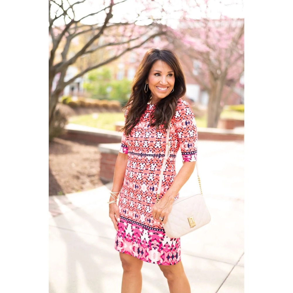 Eliza J Womens‎ Coral Pink Geometric Print Half Sleeve Sheath Dress Size 4
